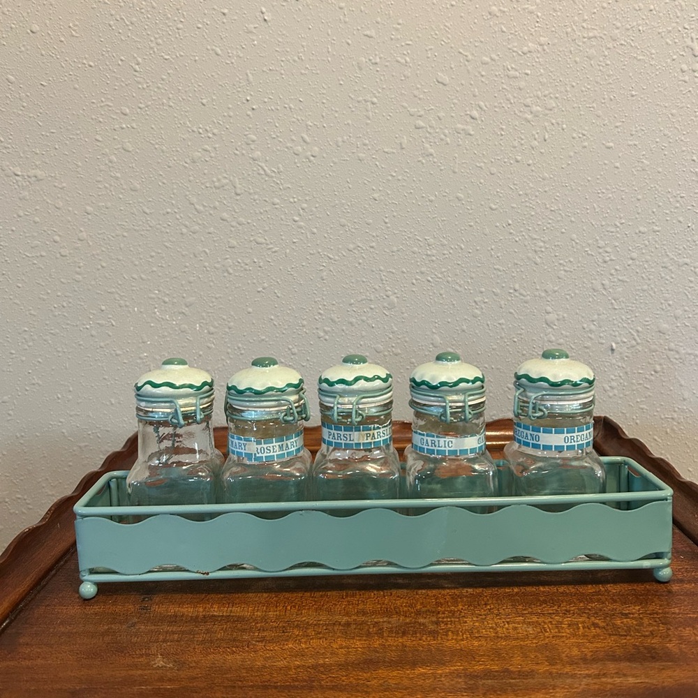 Vintage Aqua Ceramic-Top Spice Jar Set‎ with Carrier